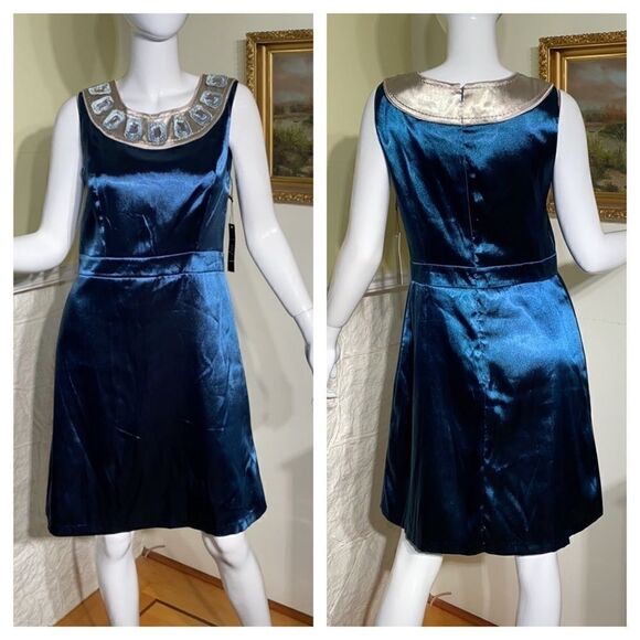 BCBG MAXAZRIA Blue Satin & Jewel Embellished Collar Cocktail Party Dress - Picture 1 of 11